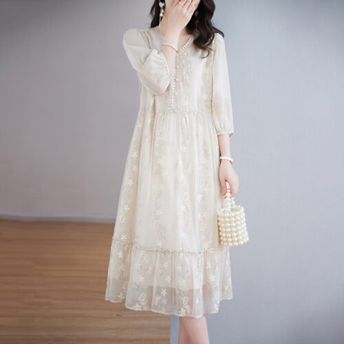 Heavy-embroidered Silk Dress French Style