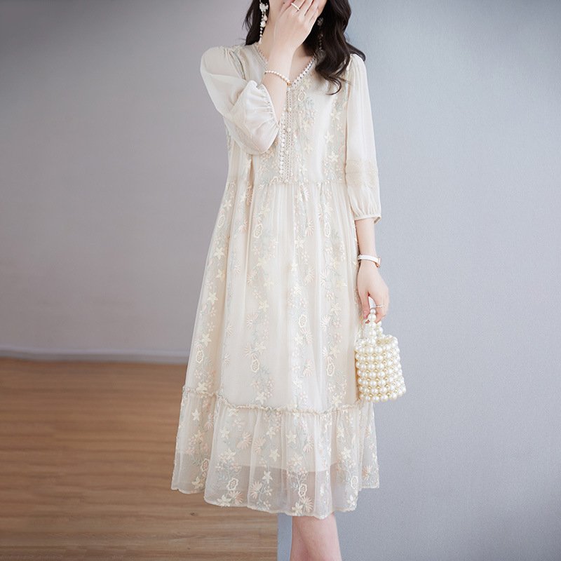 Heavy-embroidered Silk Dress French Style