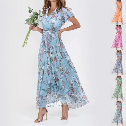 Flowers Print Short Sleeve Dress Summer Fashion Ruffle Beach Dresses Women’s Clothing