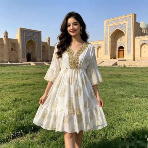 Womens Malaysian-Indonesian-style Robe Fashionable Gold-stamped Dress For Spring