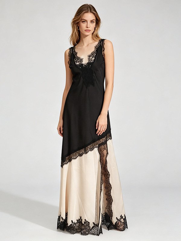 Two-Tone Satin Lace Slip Maxi Dress