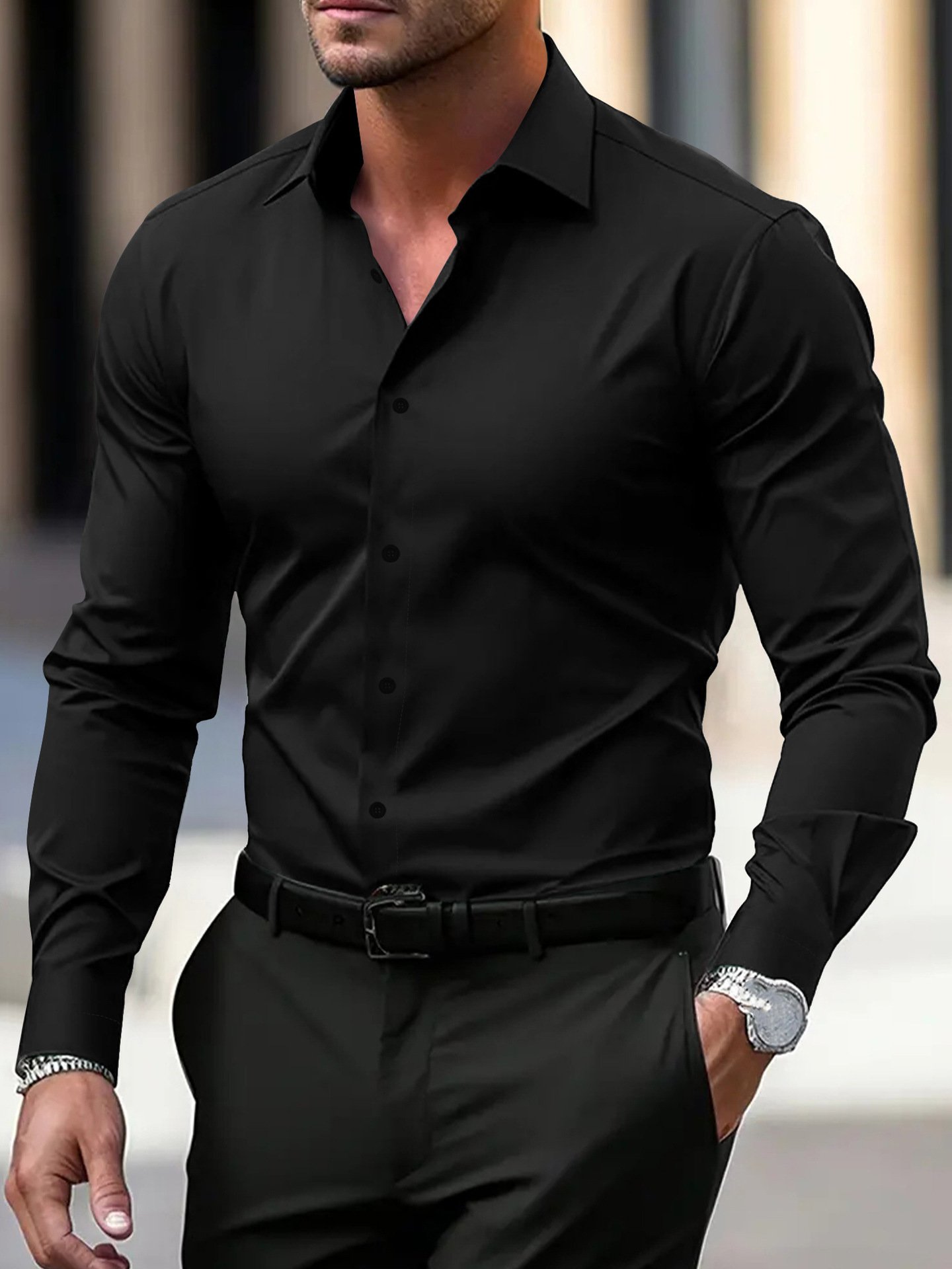 Men's Shirt Business Button Down Shirt Summer Solid Color Long Sleeve Lapel Vacation Shirt Fashion Temperament Casual Tops - Image 8