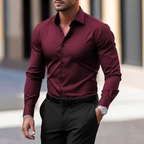 Men’s Shirt Business Button Down Shirt Summer Solid Color Long Sleeve Lapel Vacation Shirt Fashion Temperament Casual Tops
