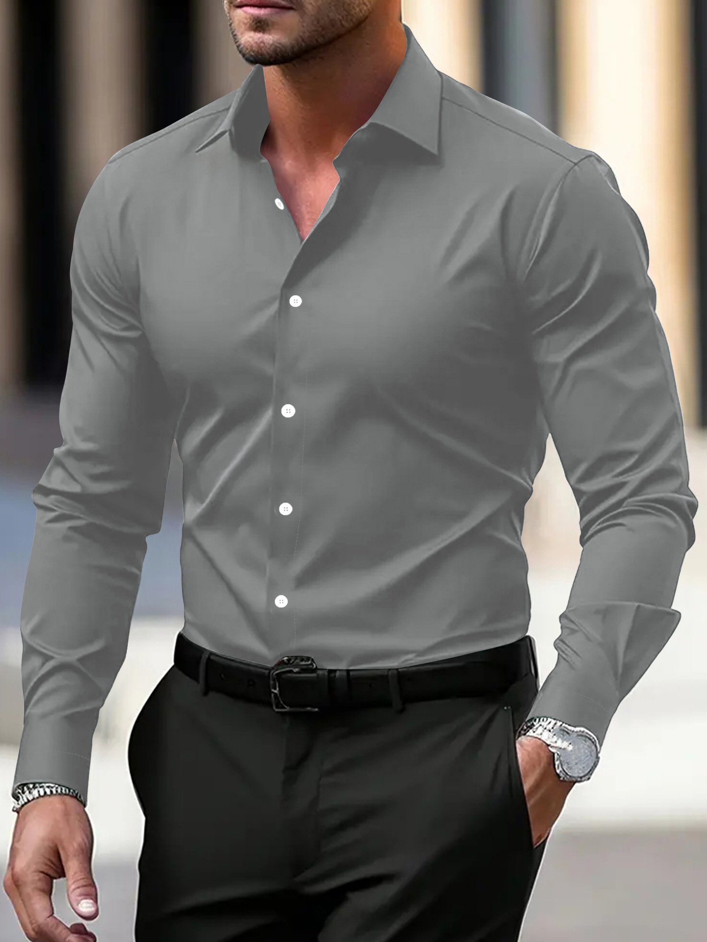 Men's Shirt Business Button Down Shirt Summer Solid Color Long Sleeve Lapel Vacation Shirt Fashion Temperament Casual Tops - Image 10