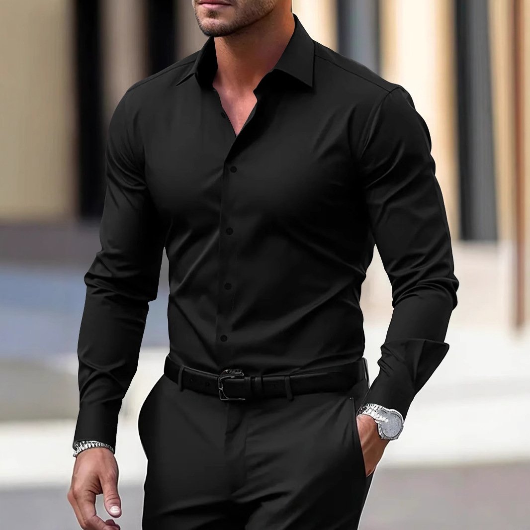 Men's Shirt Business Button Down Shirt Summer Solid Color Long Sleeve Lapel Vacation Shirt Fashion Temperament Casual Tops - Image 3