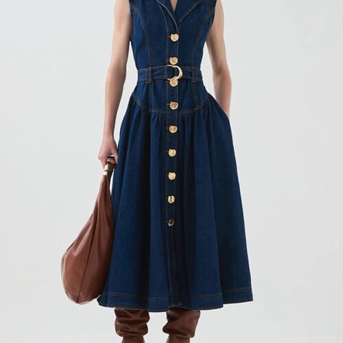 Sleeveless Lapel Belted Denim Midi Dress