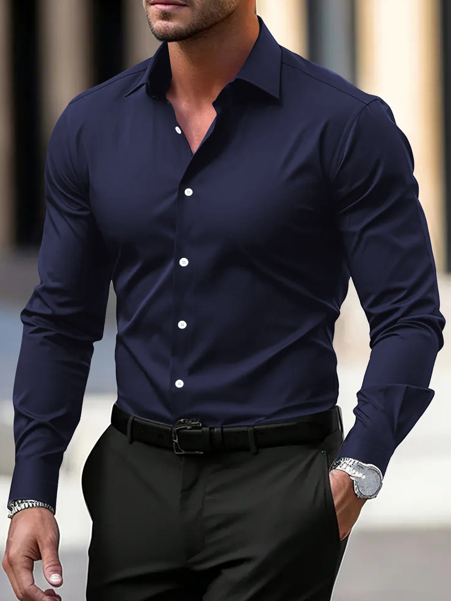 Men's Shirt Business Button Down Shirt Summer Solid Color Long Sleeve Lapel Vacation Shirt Fashion Temperament Casual Tops - Image 6