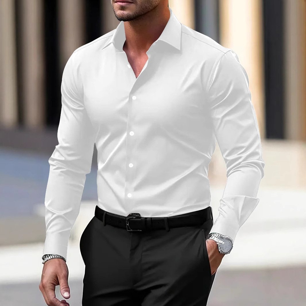 Men's Shirt Business Button Down Shirt Summer Solid Color Long Sleeve Lapel Vacation Shirt Fashion Temperament Casual Tops - Image 2