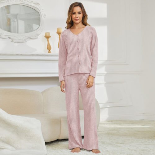 Women’s Long-Sleeved Knitted Crewneck Casual Wide-Leg Pants Set
