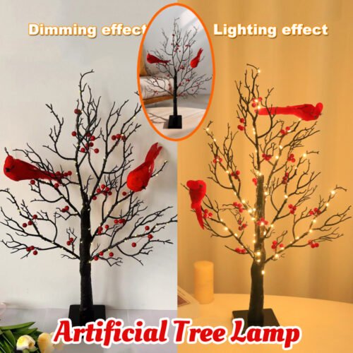 Lighted Mini Birch Tree Light LED Cardinals Christmas Tree Vintage Glowing Tree Light For Table Holiday Home Xmas Decoration