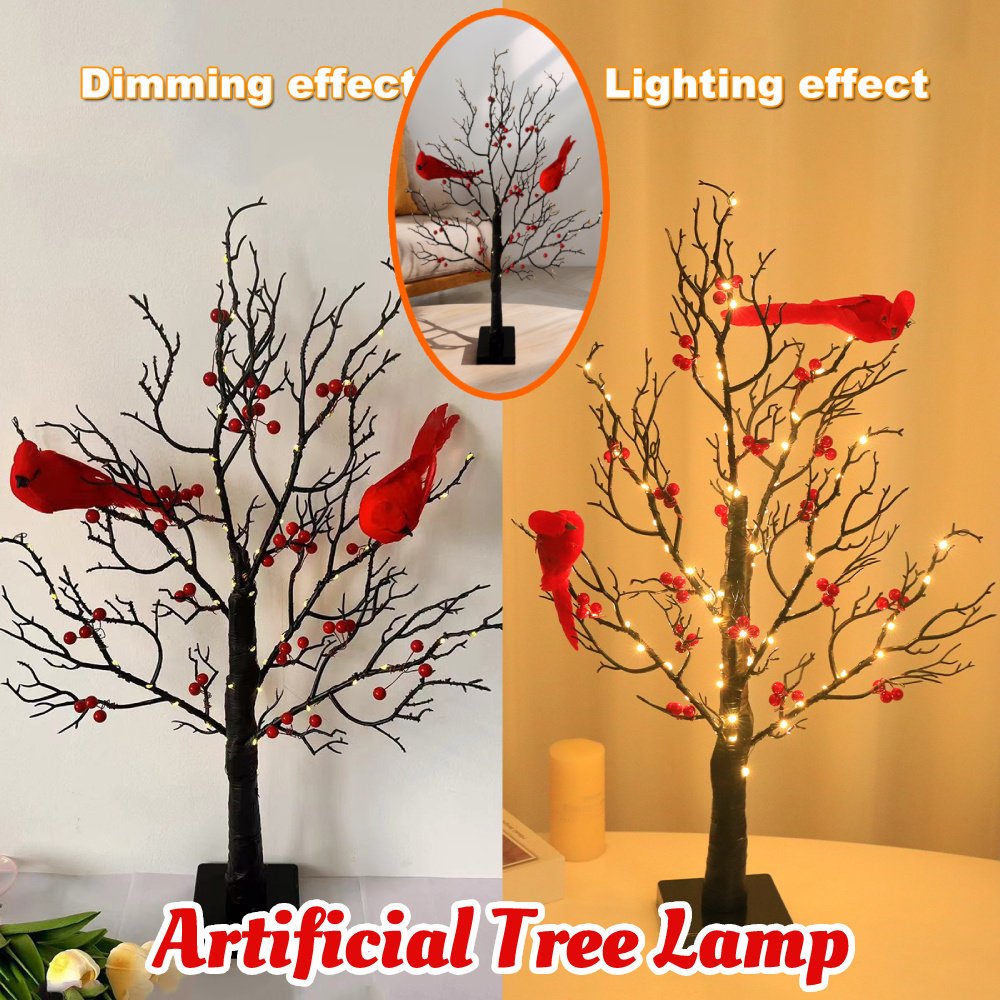 Lighted Mini Birch Tree Light LED Cardinals Christmas Tree Vintage Glowing Tree Light For Table Holiday Home Xmas Decoration