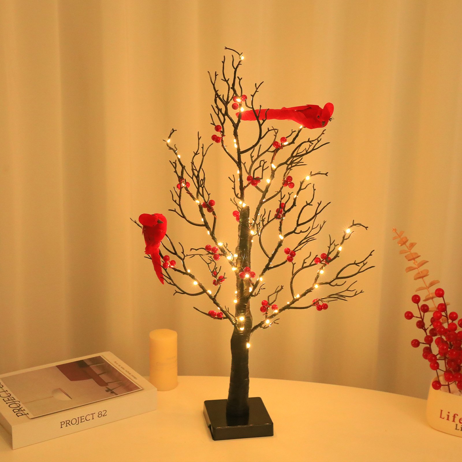 Lighted Mini Birch Tree Light LED Cardinals Christmas Tree Vintage Glowing Tree Light For Table Holiday Home Xmas Decoration - Image 2