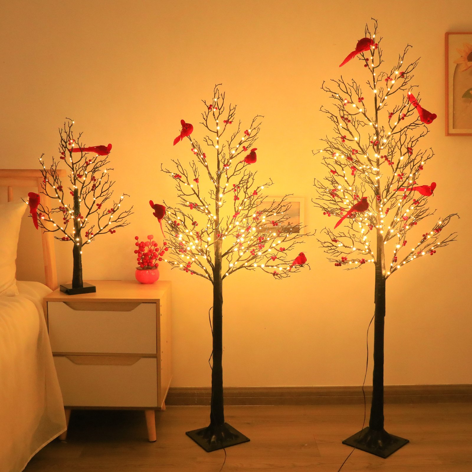 Lighted Mini Birch Tree Light LED Cardinals Christmas Tree Vintage Glowing Tree Light For Table Holiday Home Xmas Decoration - Image 5
